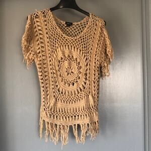 Tan Crocheted Granny Square Fringed Rue 21 Tan Top XS Hippie Boho